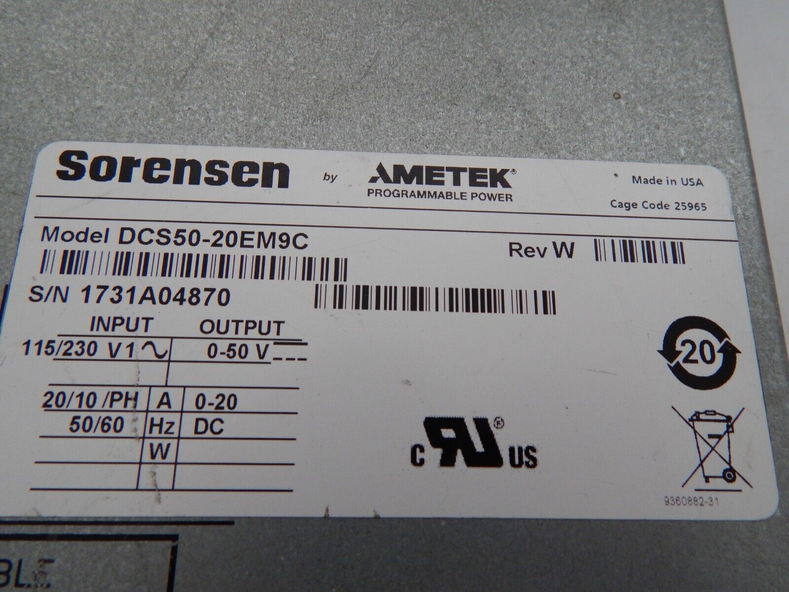 Sorensen DCS50-20E M9C Programmable DC Power Supply 50V, 20A GPIB Sorensen DCS50-20E M9C Programmable DC Power Supply 50V, 20A GPIB